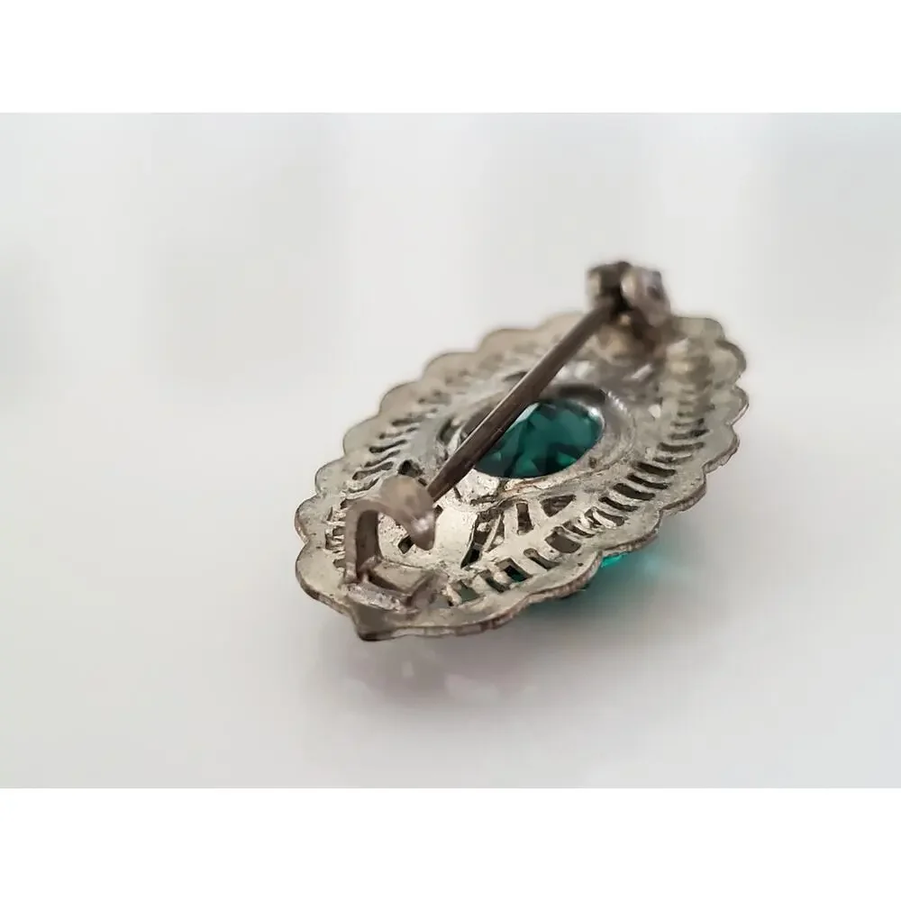 Antique Art Deco Green Glass Filagree Rhodium Plated Brooch